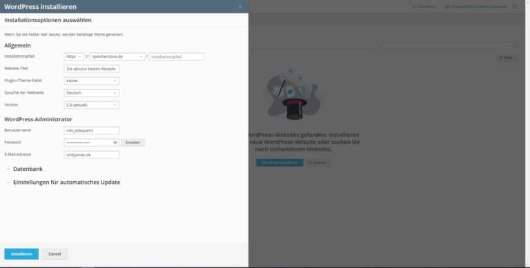 Einstellungen für die Installation von WordPress